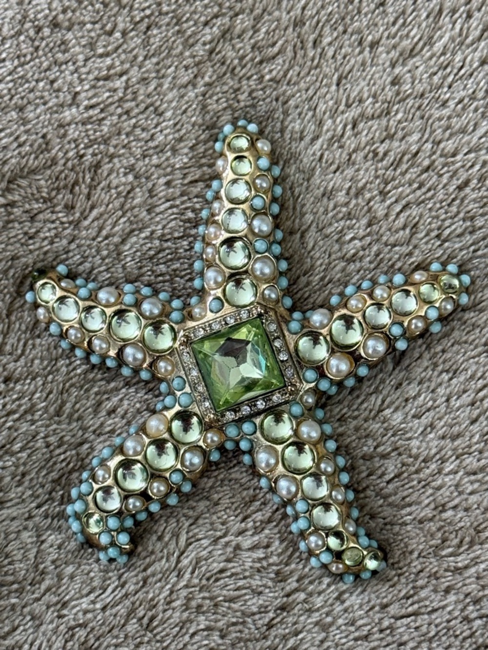Starfish Brooch with Faux Pearls and Green Rhinestones - Vintage